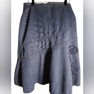 Lo Belle 97% Cotton Denim Flared Skirt Embroidery Detail Size 3 Workwear Office
